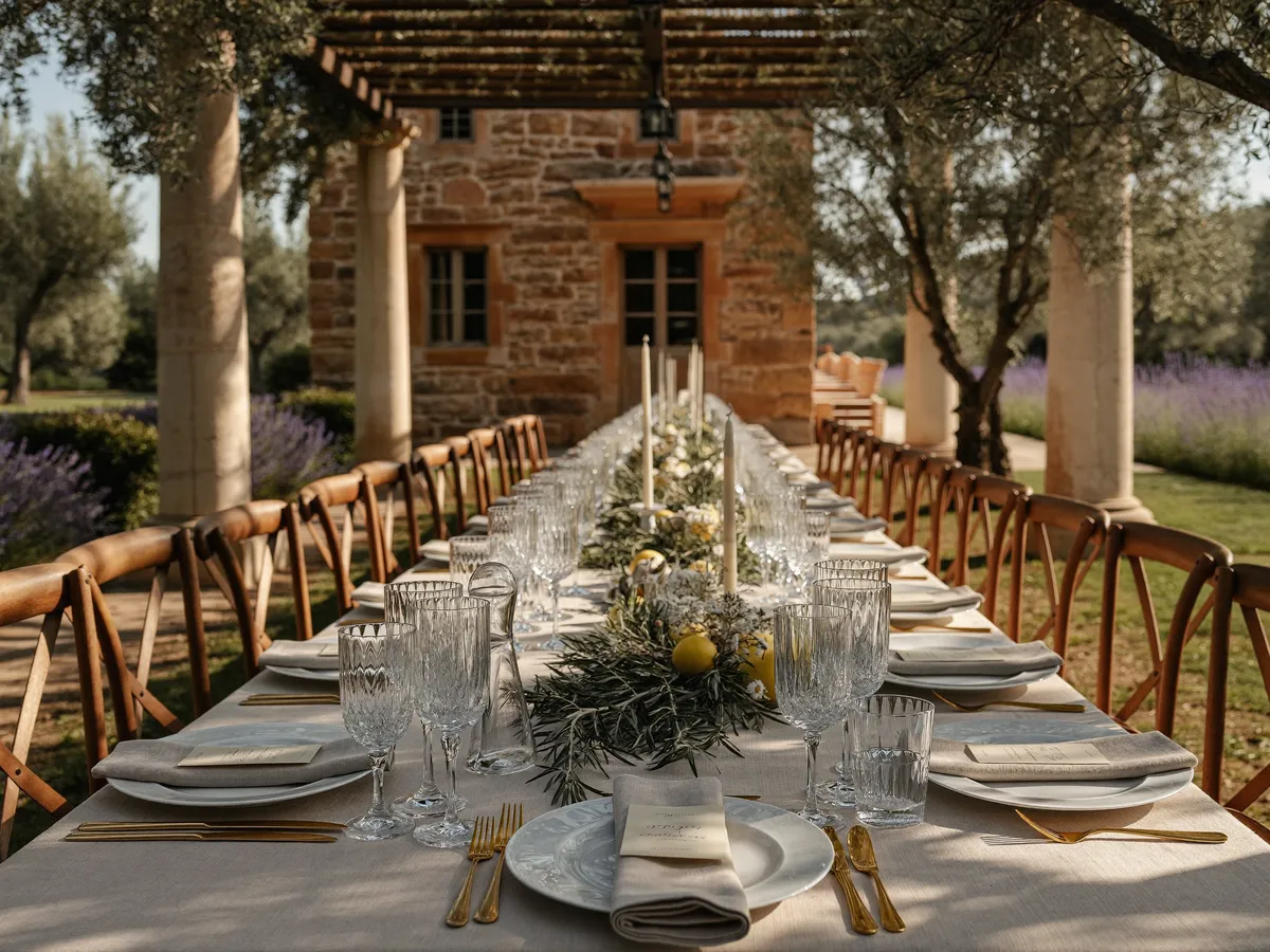 Friends at a long table under a pergola with string lights and bougainvillea at dusk