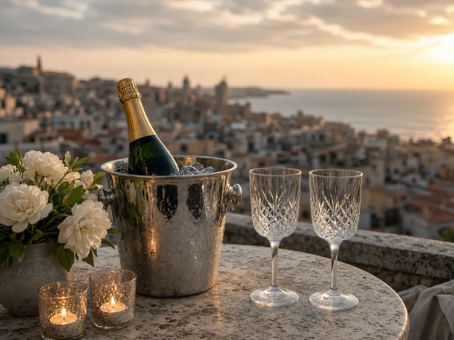 A marriage proposal on a terrace at sunset over Barcelona